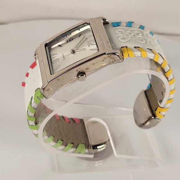 Silver Quartz Watch with Embossed Cuff White Leather Strap and Multicolor Design - Picture 13 of 16